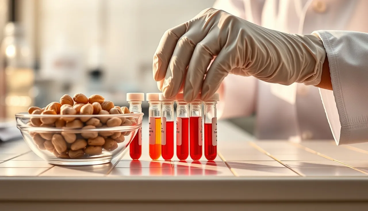 Blood sample vials and Brazil nuts on a lab bench for selenium testing
