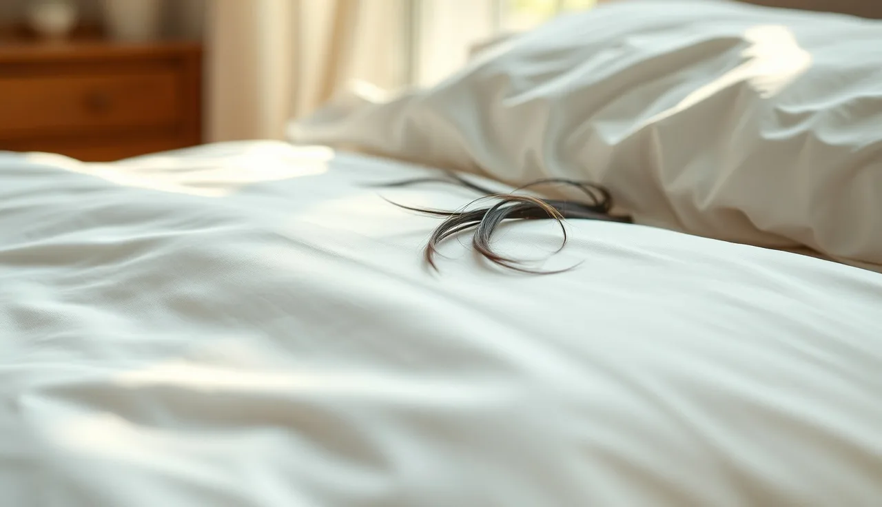 Satin pillowcase with a few shed hair strands in morning light