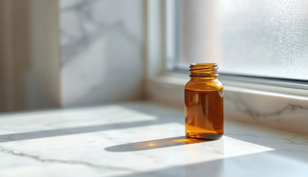 Small amber pill bottle on marble bathroom counter in soft morning light