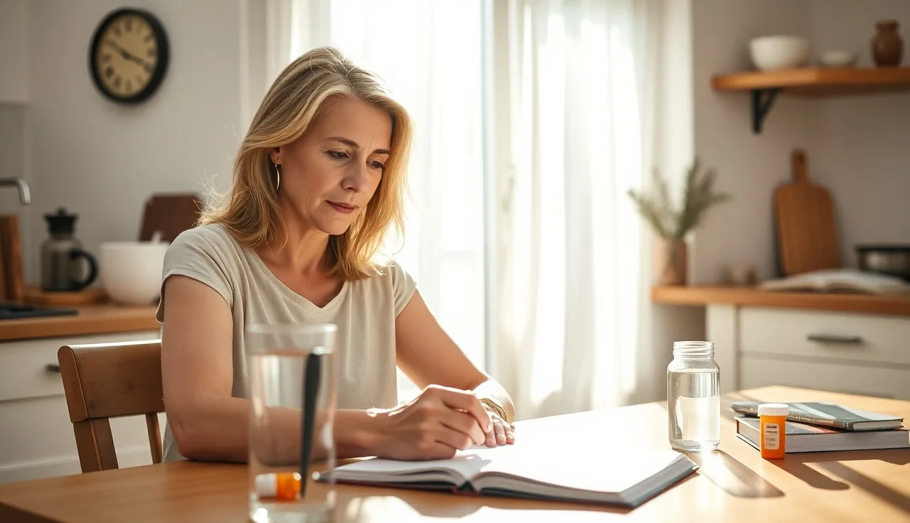 Woman at kitchen table reviewing health journal with prescription bottle and water glass