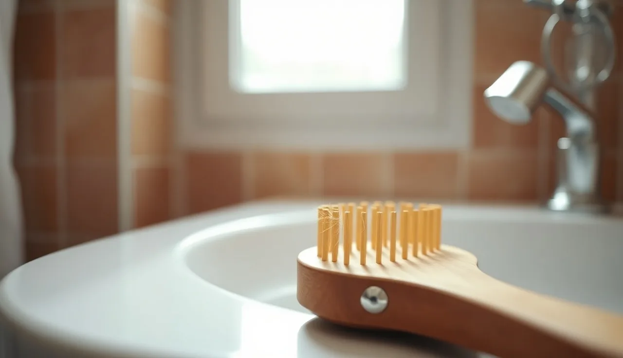 Wooden hairbrush with shed hairs on a bathroom counter showing stress hair loss