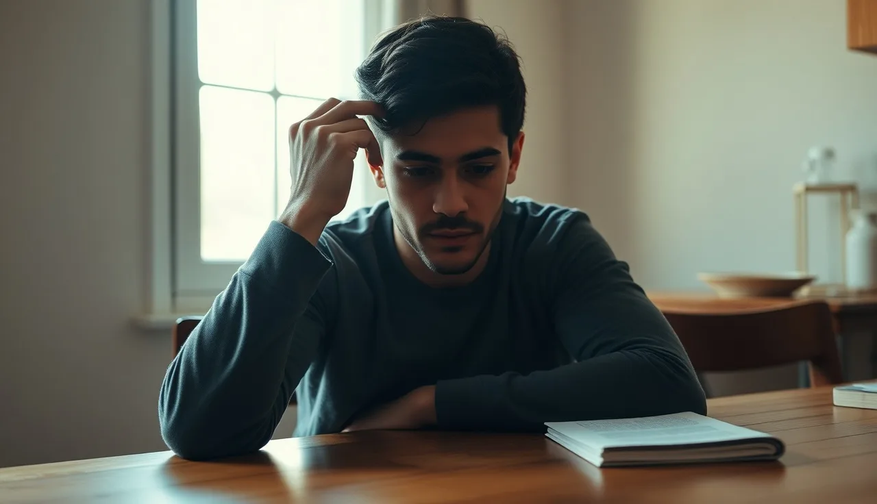 Person touching their hairline with a thoughtful expression in morning light