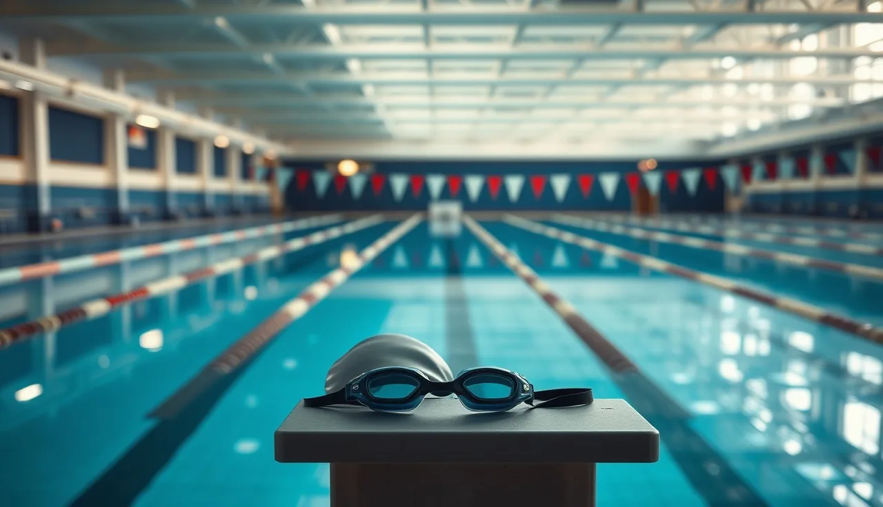 Empty indoor swimming pool with swim cap on starting block showing chlorinated water