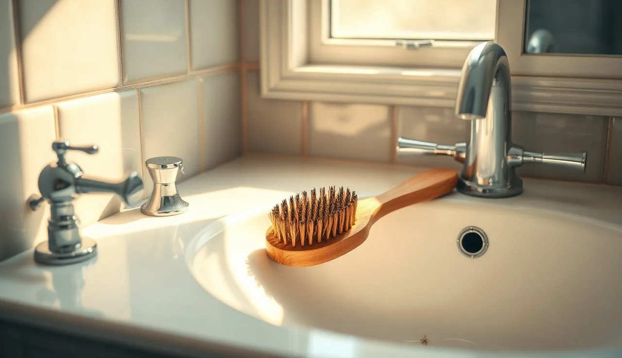 Hairbrush with shed hairs on bathroom counter illustrating telogen effluvium shedding