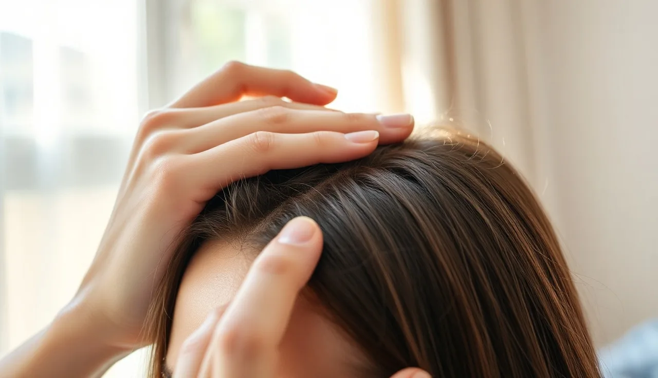 Person examining scalp for itching and hair loss signs in morning light
