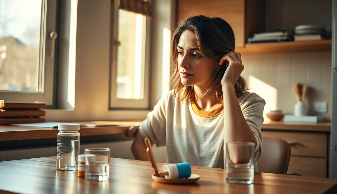 Woman combing hair at kitchen table with thyroid medication bottle nearby