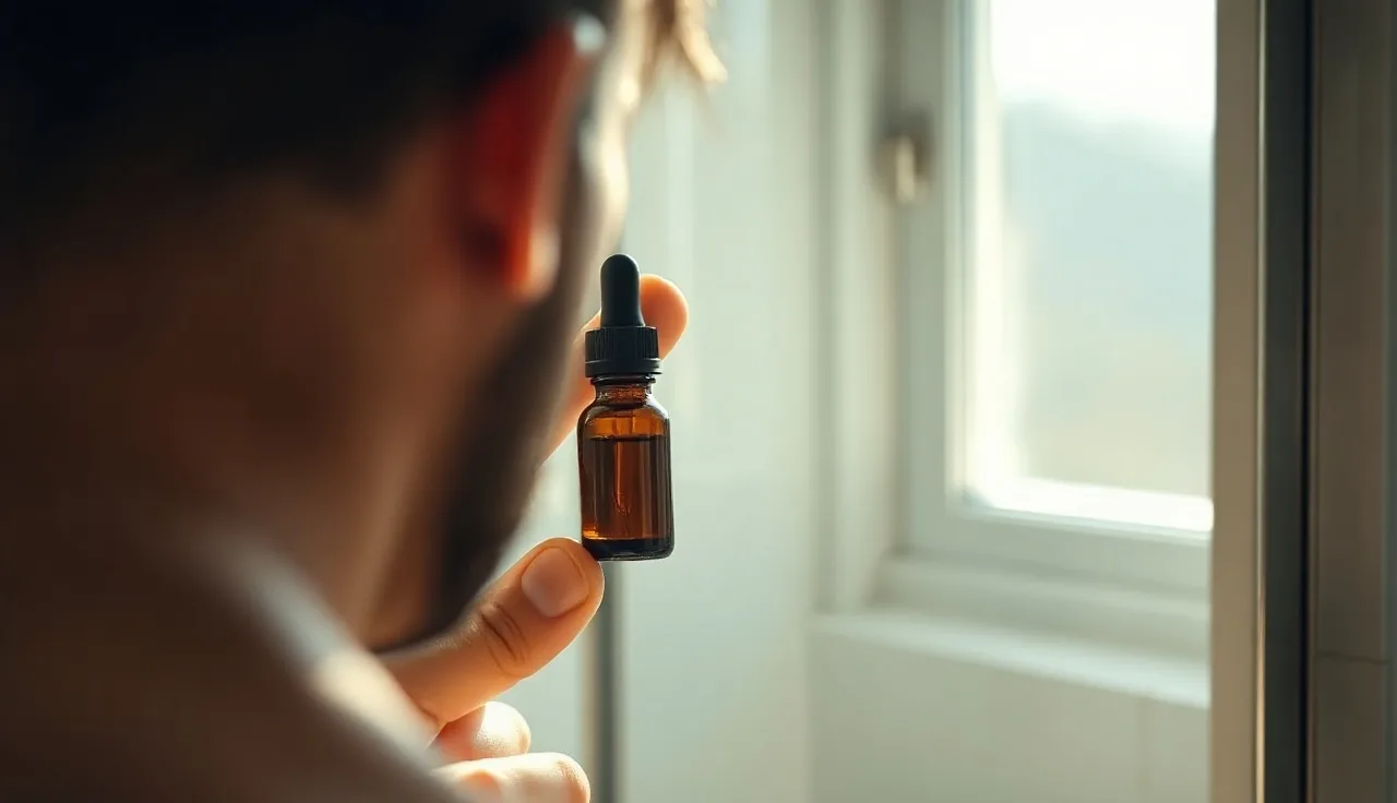 Man holding topical finasteride dropper bottle near bathroom mirror for hair loss treatment