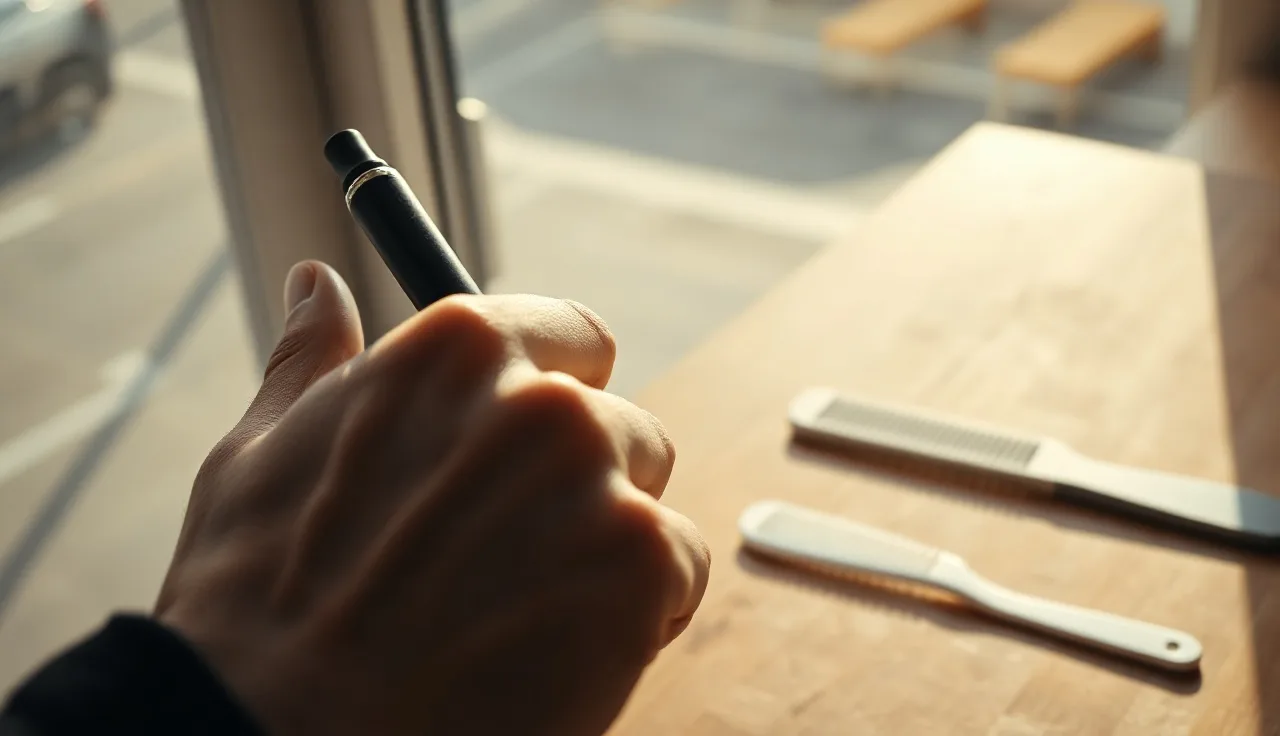 Man holding vape device near window with hair comb and shed hairs on table