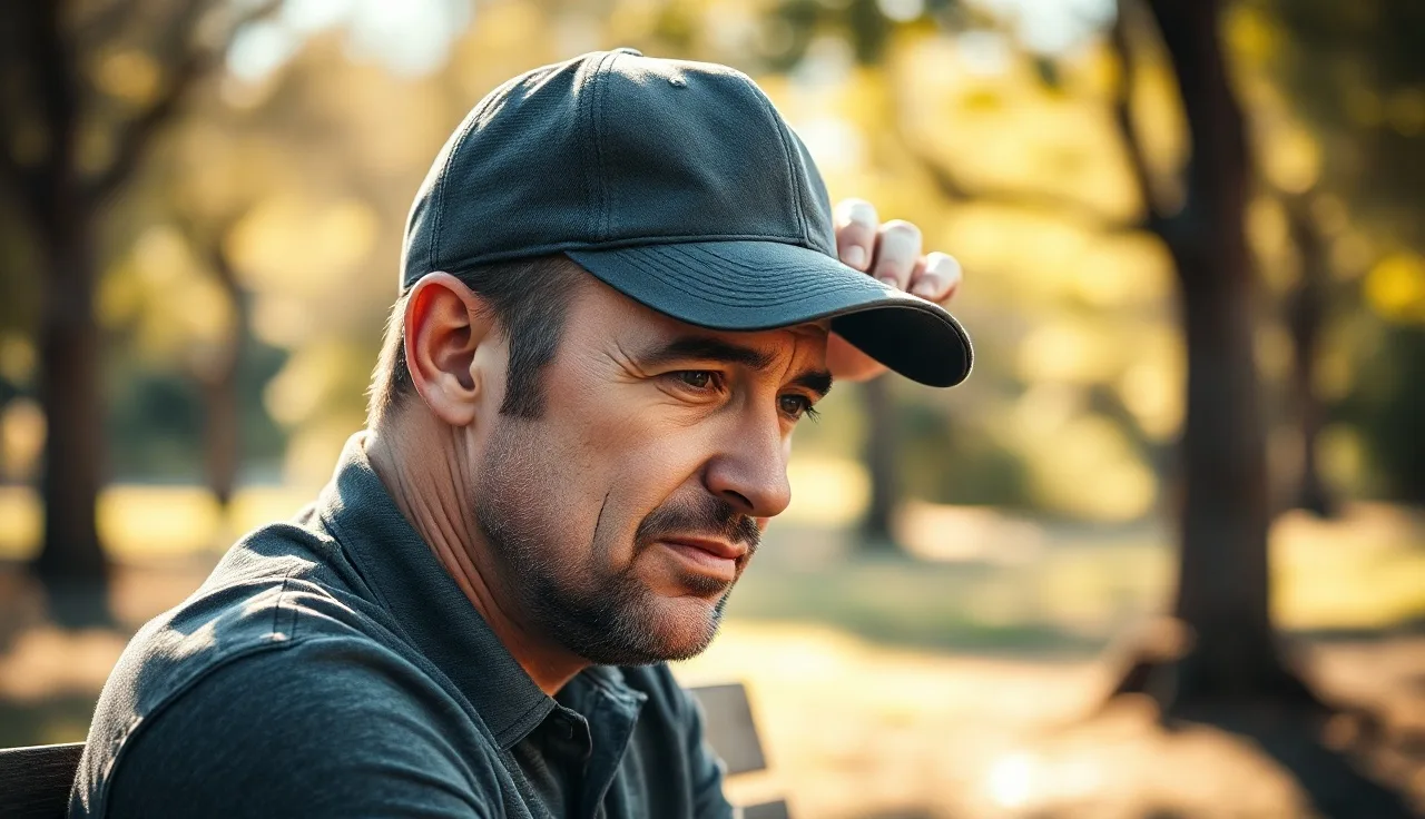 Man in baseball cap examining his hairline outdoors in afternoon light