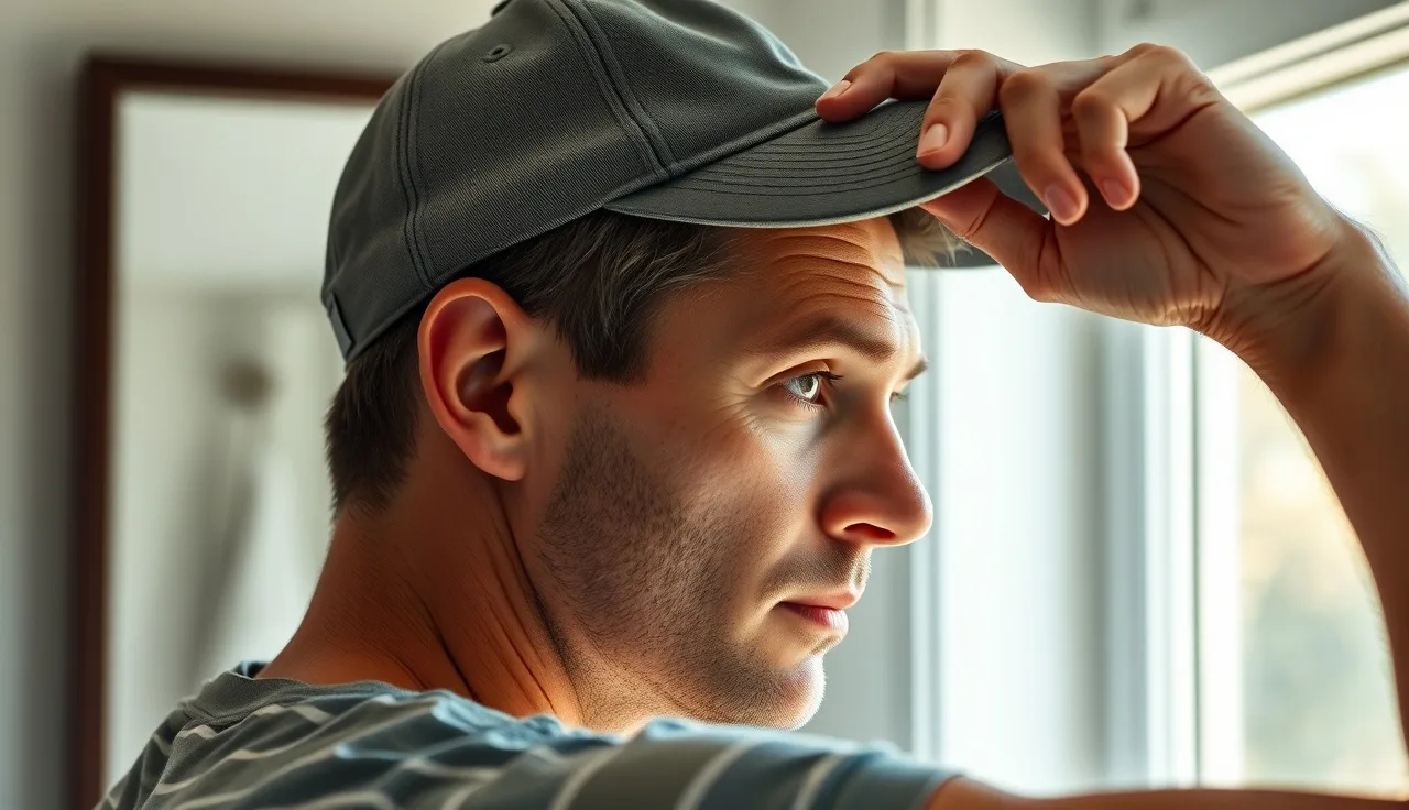 Man adjusting baseball cap near mirror showing slight hairline thinning