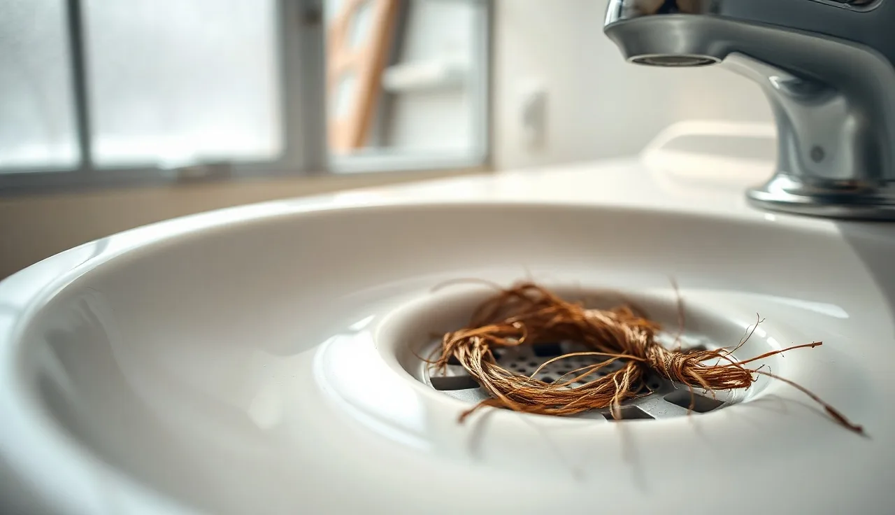Hair strands collected in a bathroom sink drain suggesting hair loss