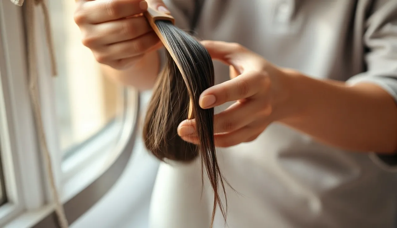 Woman examining shed hair strands on a hairbrush in soft morning light