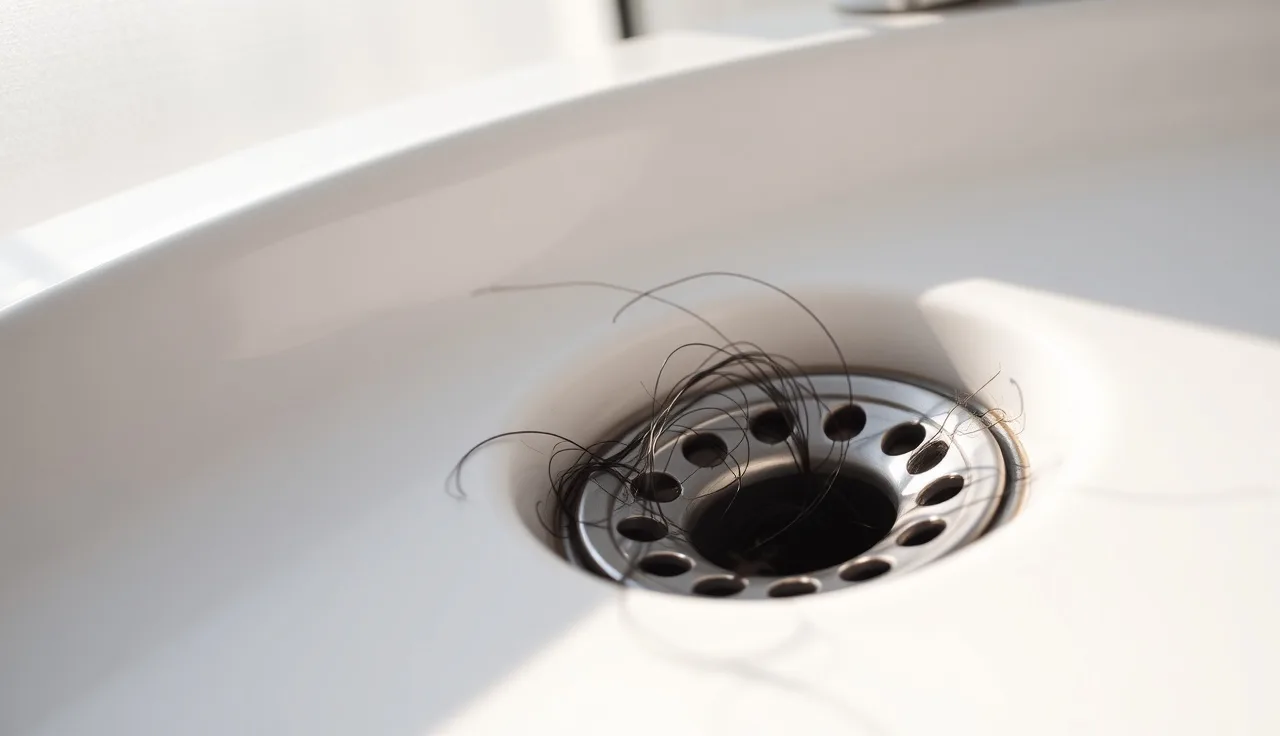 Hair strands caught in a bathroom sink drain, suggesting hair loss