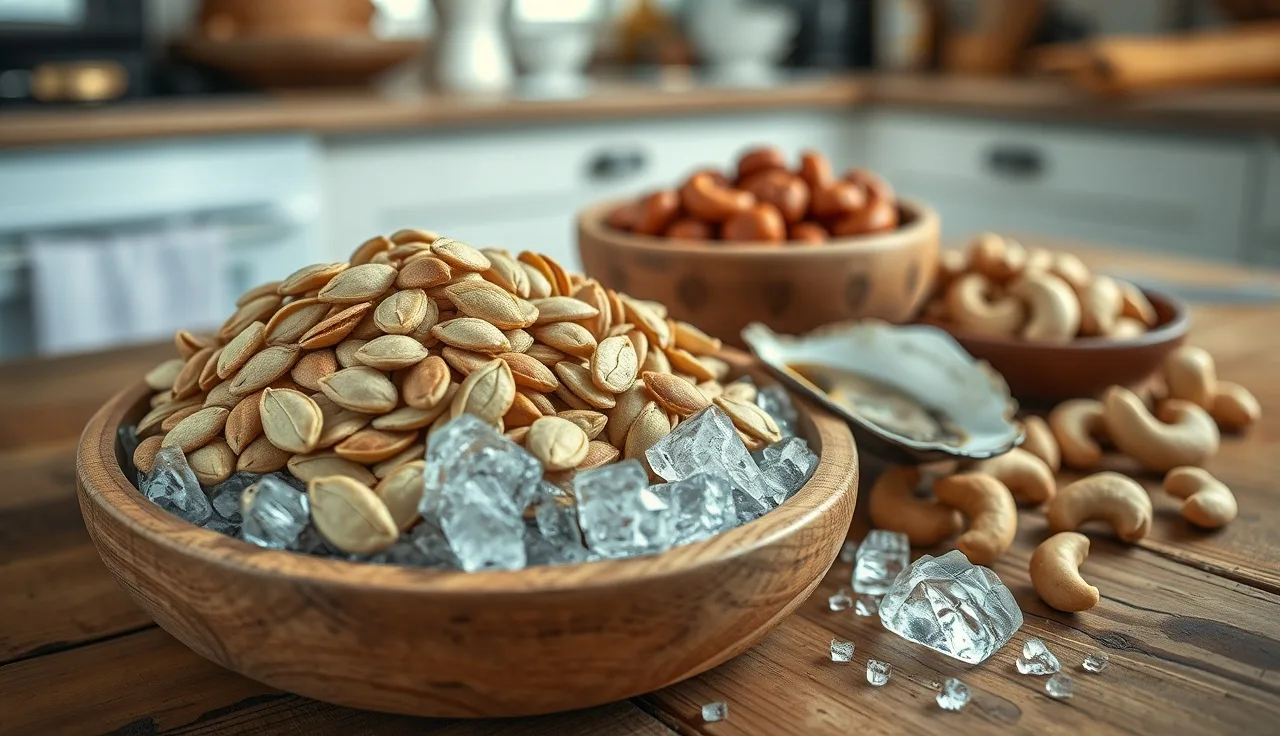 Bowl of zinc-rich foods including pumpkin seeds and oysters on a wooden table