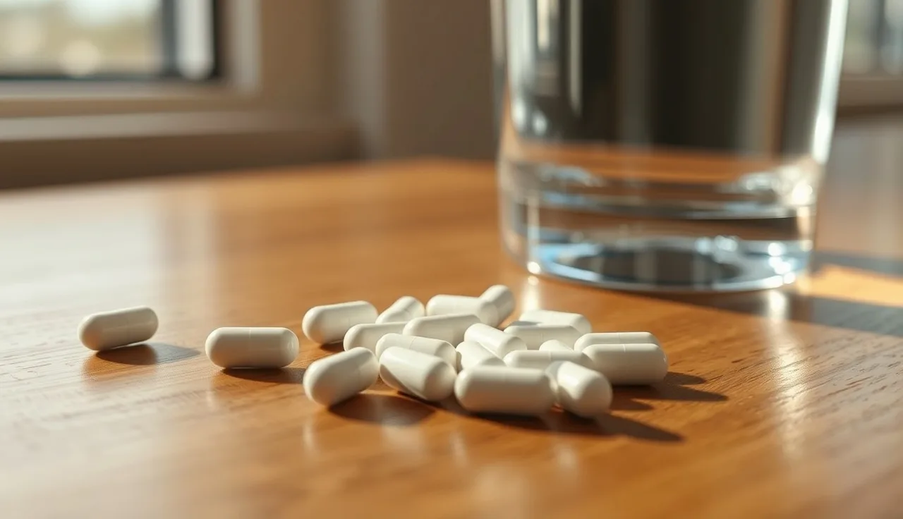 Small dutasteride capsule pills on wooden surface in morning light