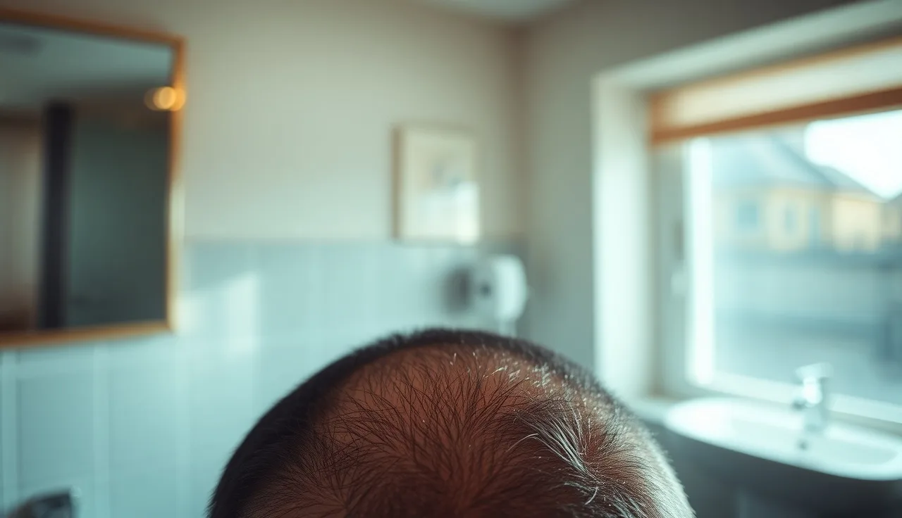 Man's scalp photographed in natural light showing hair density and crown detail