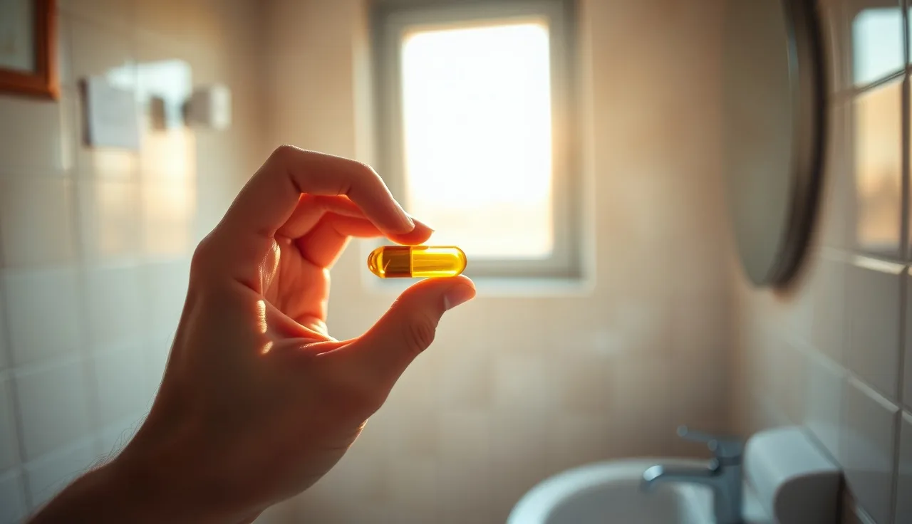 Man holding a dutasteride capsule near a bathroom window in morning light