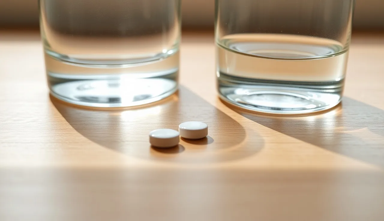 Two oral hair loss medication pills on a wooden surface in natural morning light