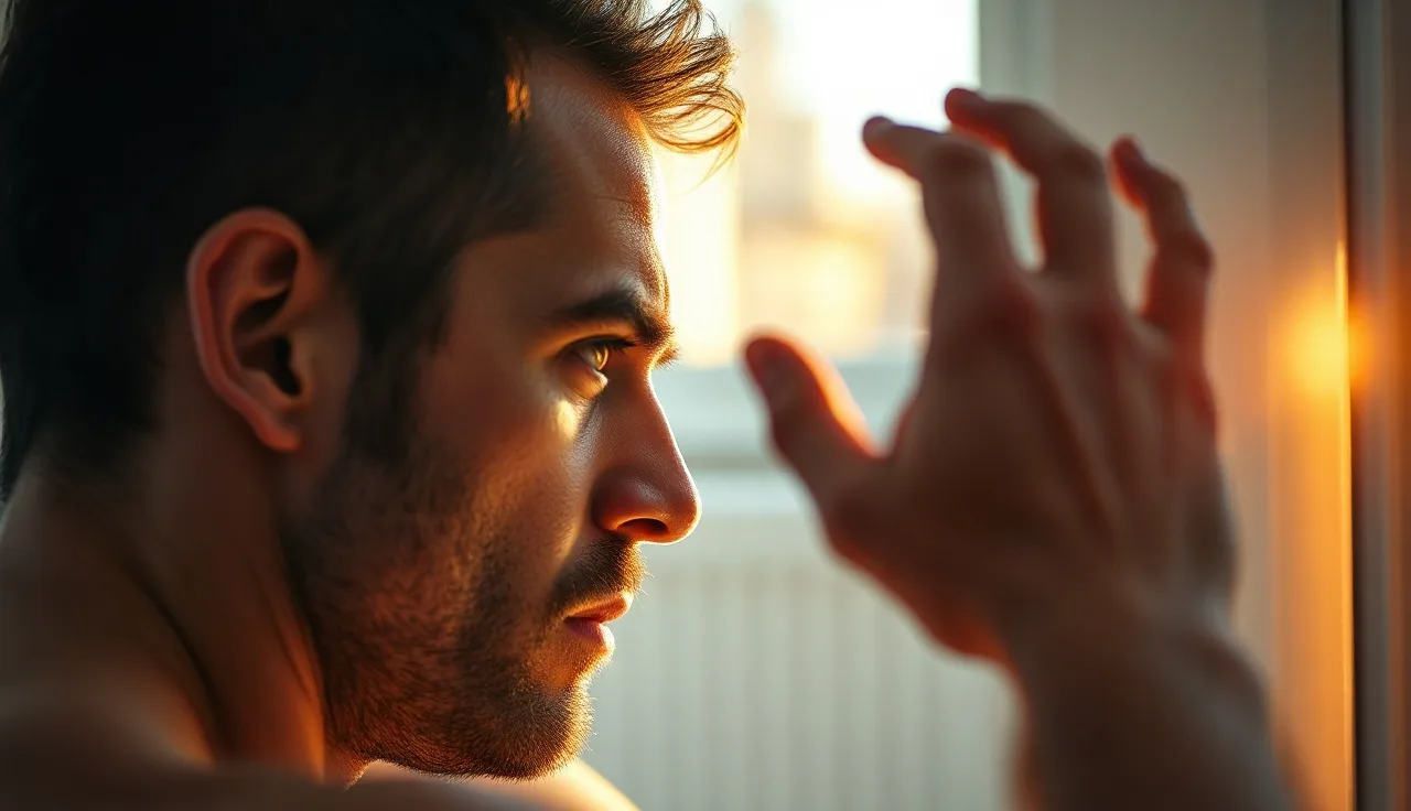 Man examining his hairline in a bathroom mirror showing hair loss concern