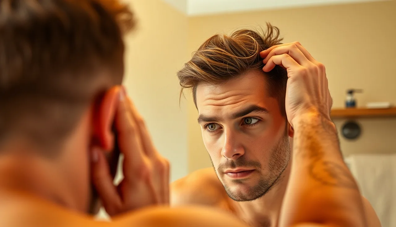 Man examining his hairline and crown thinning in a bathroom mirror