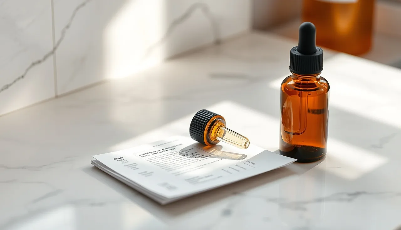 Two topical hair treatment bottles on a bathroom counter in morning light