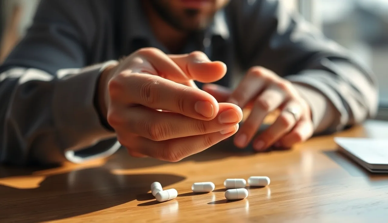 Two unmarked prescription capsules resting in a man's open palm near a sunlit window