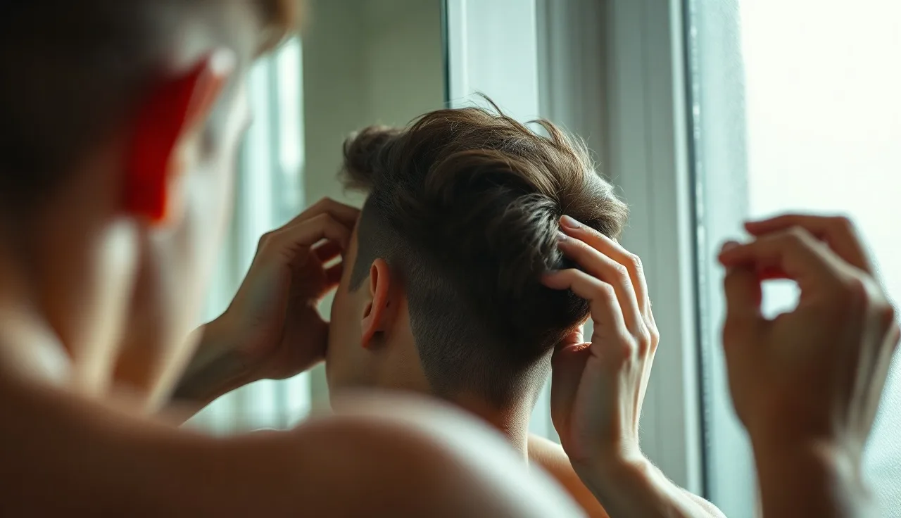 Young man examining his receding hairline in a bathroom mirror in morning light