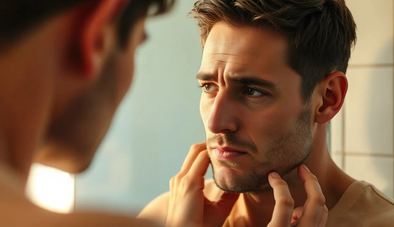 Man examining his hairline in a bathroom mirror, showing early hair loss concern