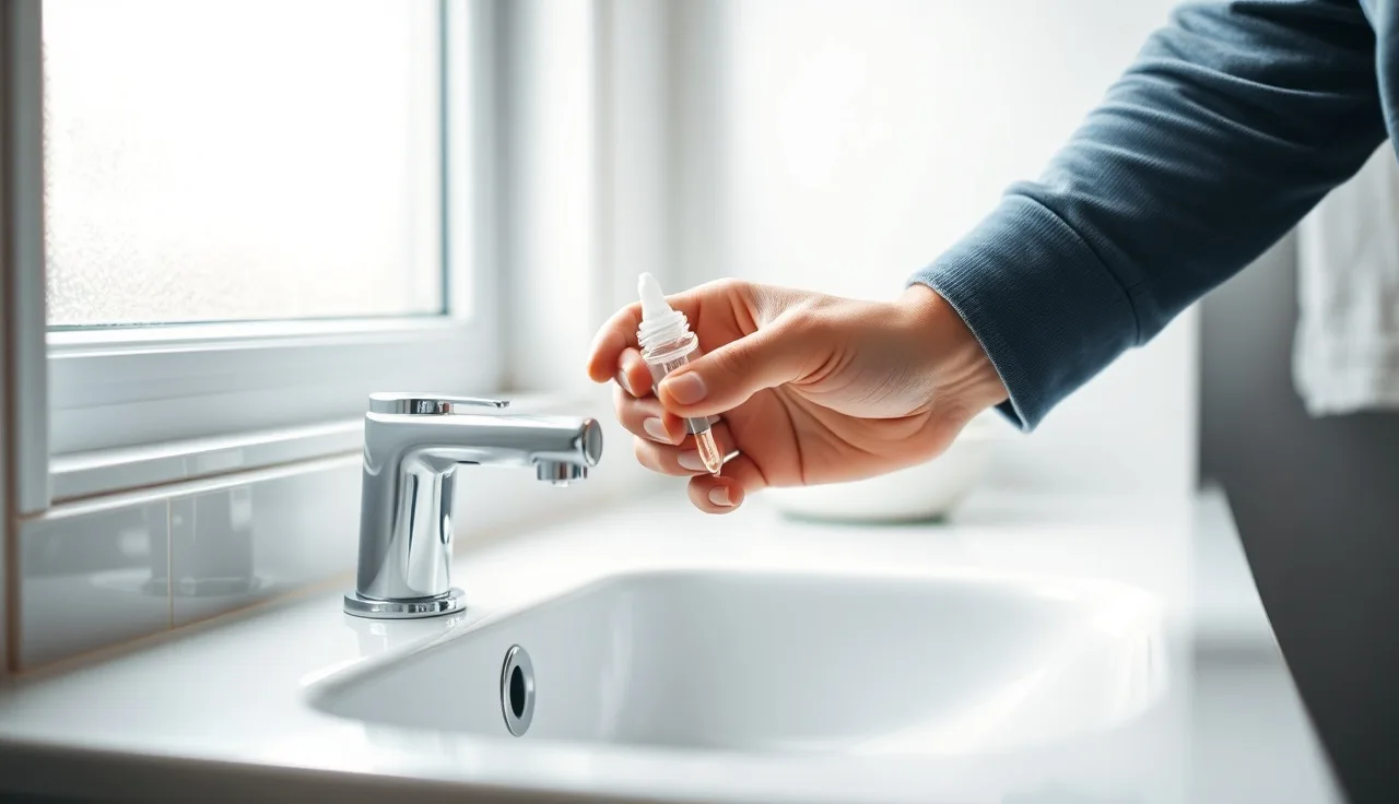 Man applying topical minoxidil solution with dropper at bathroom sink