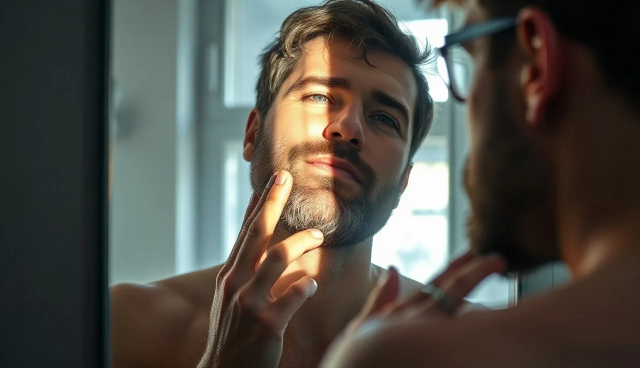 Man examining his beard and jaw closely in a bathroom mirror