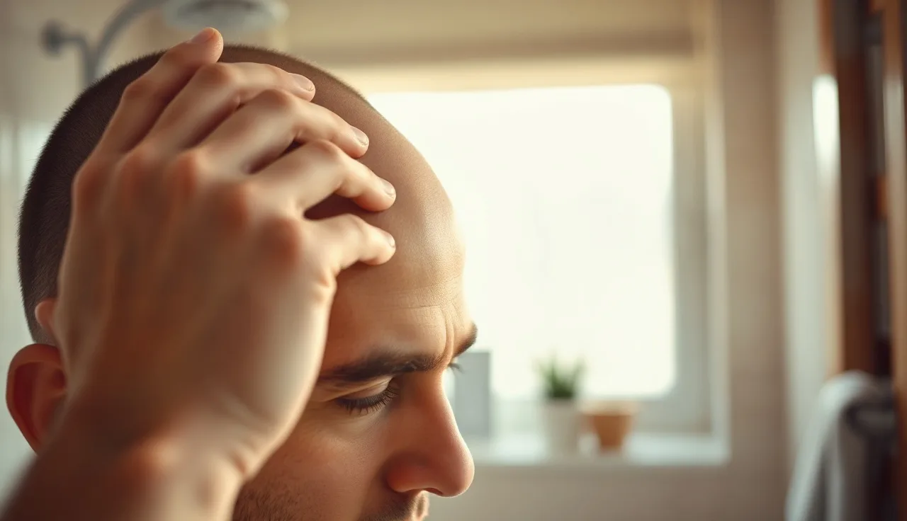 Man examining his hairline in morning light, early hair loss visible at temples