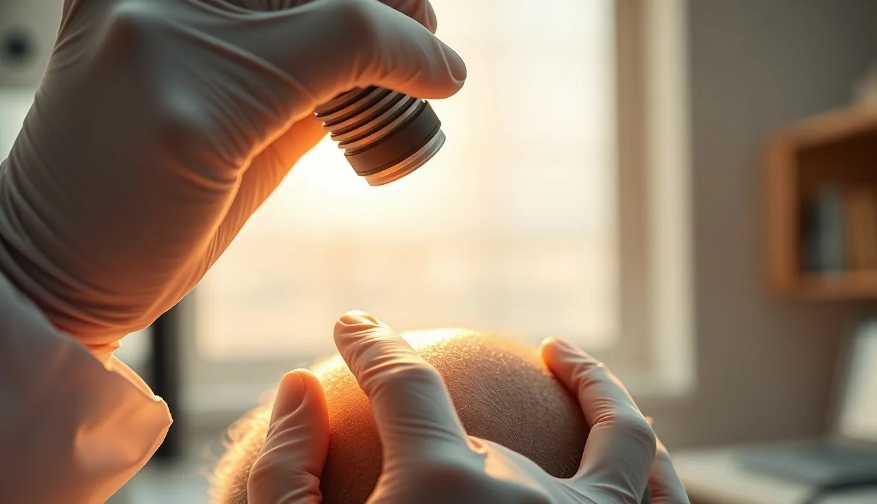 Dermatologist examining scalp with dermoscopy for alopecia areata assessment