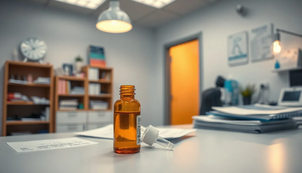 Prescription hair loss treatment bottle and dropper on a dermatologist's desk
