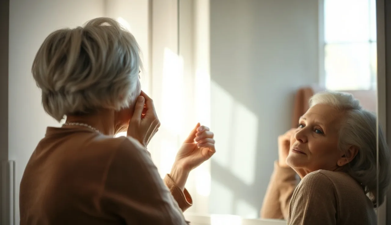 Woman over 60 examining her thinning hair in a bathroom mirror