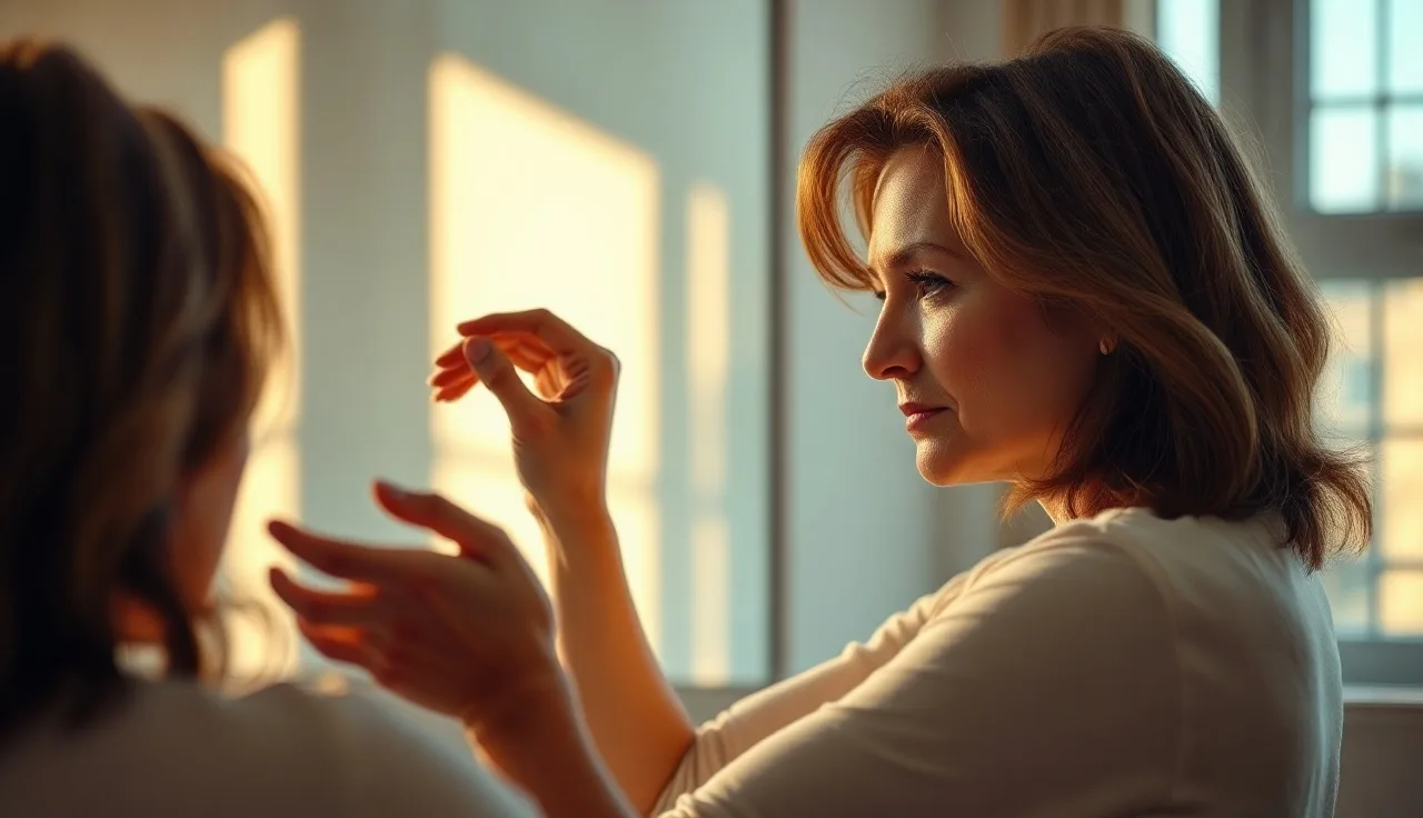 Woman examining thinning hair part in bathroom mirror under natural light