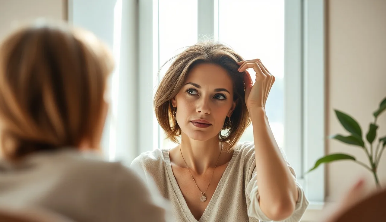 Woman examining scalp thinning at a vanity mirror in natural morning light