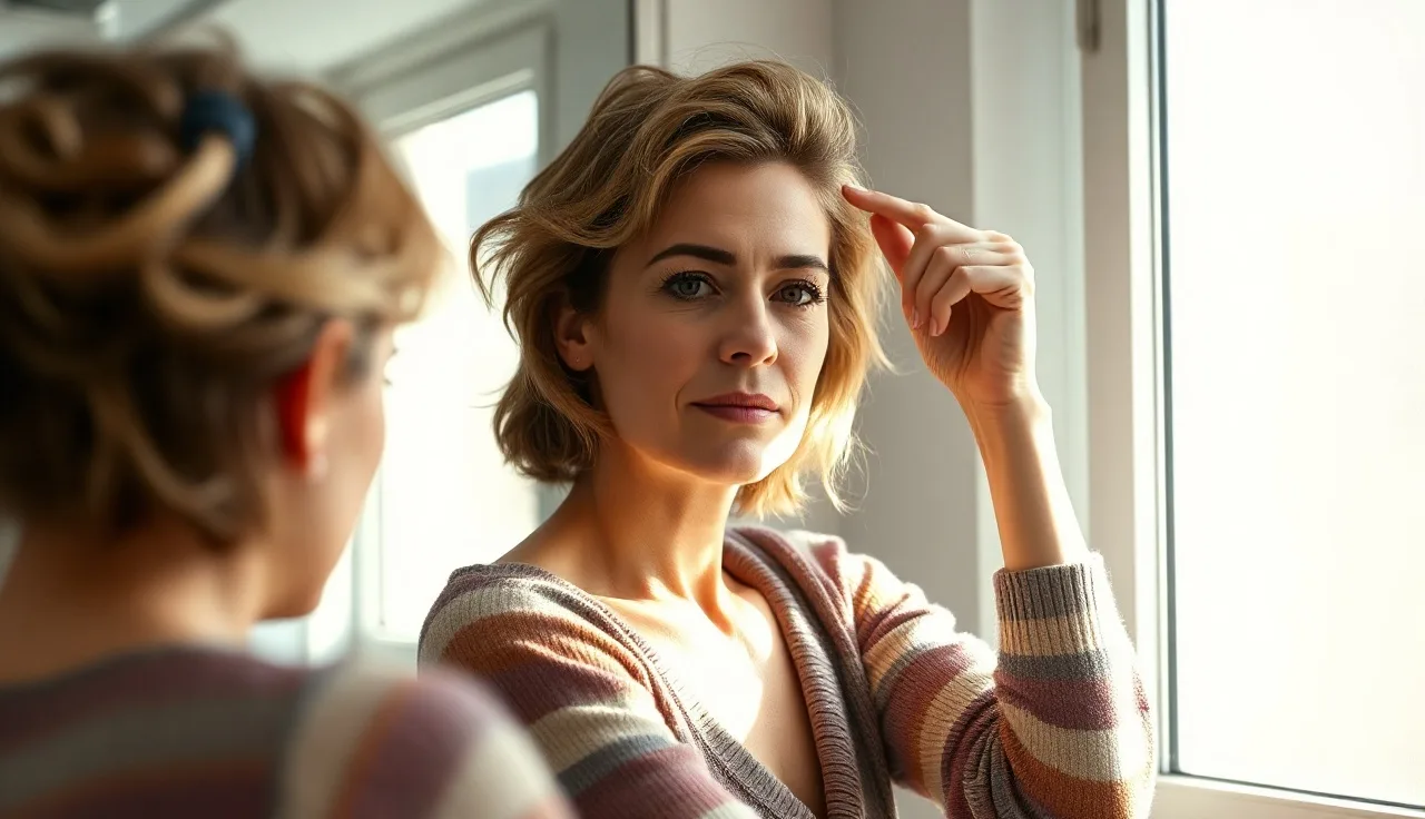 Woman parting her hair at the crown to examine thinning scalp in bathroom mirror