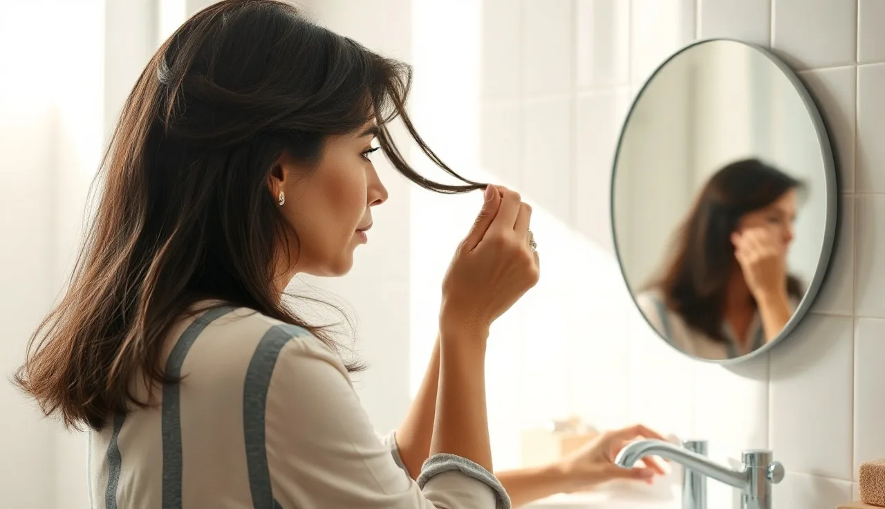 Woman examining her hair part line in a bathroom mirror for signs of thinning