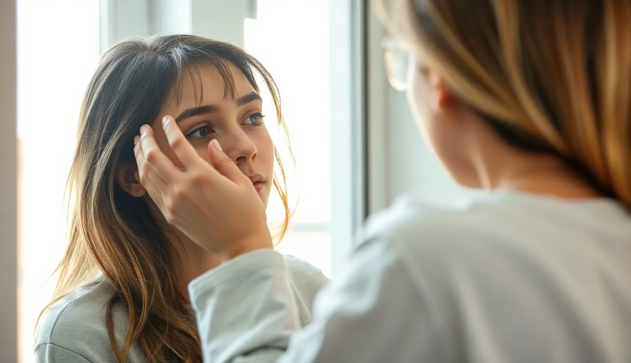 Young woman examining hair part line in bathroom mirror for thinning signs