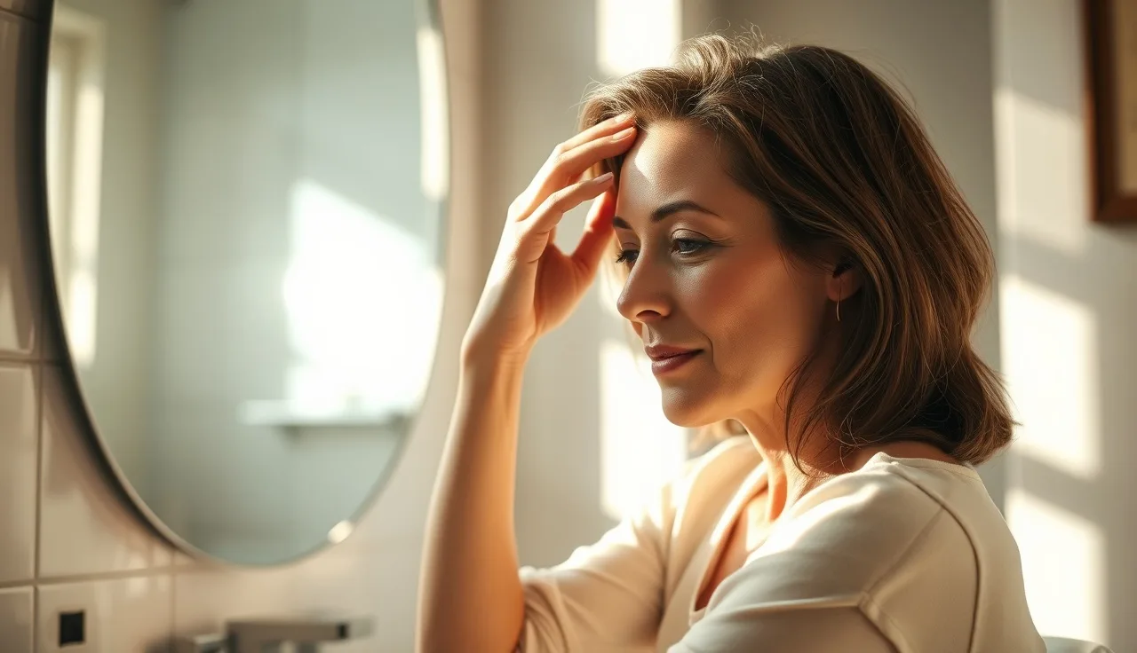 Woman examining her receding hairline at temples in a bathroom mirror