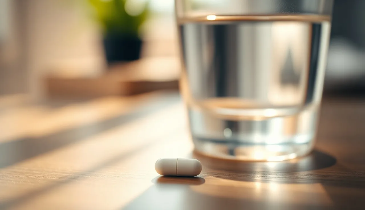 Single white finasteride pill on wooden surface with glass of water