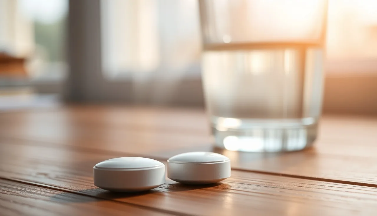 Two finasteride tablets on a wooden surface illustrating daily vs weekly dosing comparison