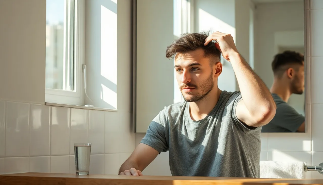 Man examining his hairline in a bathroom mirror in morning light