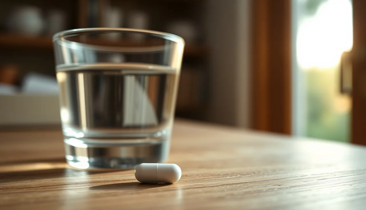 Small white finasteride tablet on wooden surface next to glass of water