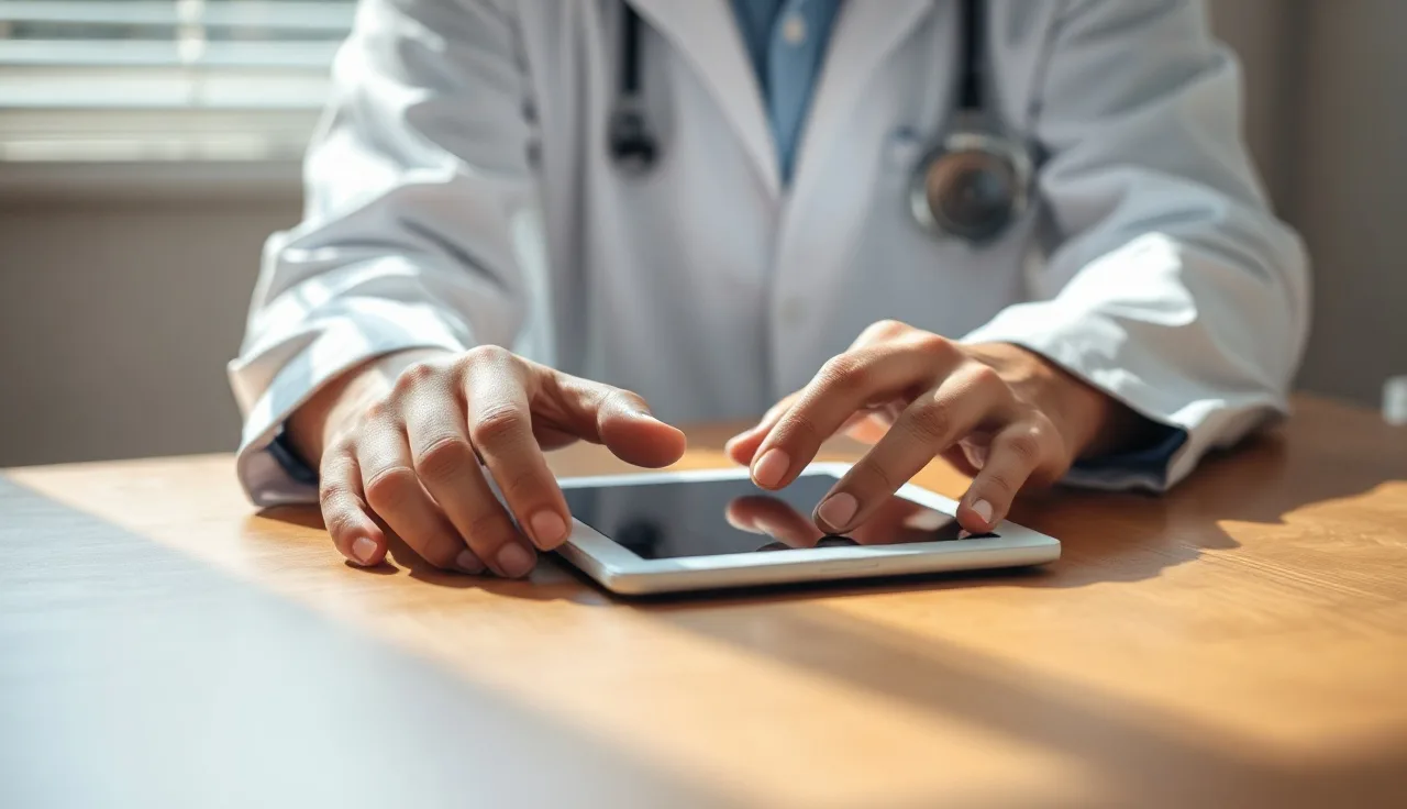 Man holding a small white finasteride tablet at a wooden table in morning light
