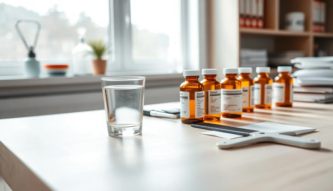 Dermatologist's desk with amber bottles, comb, and water glass, representing hair loss treatment alternatives