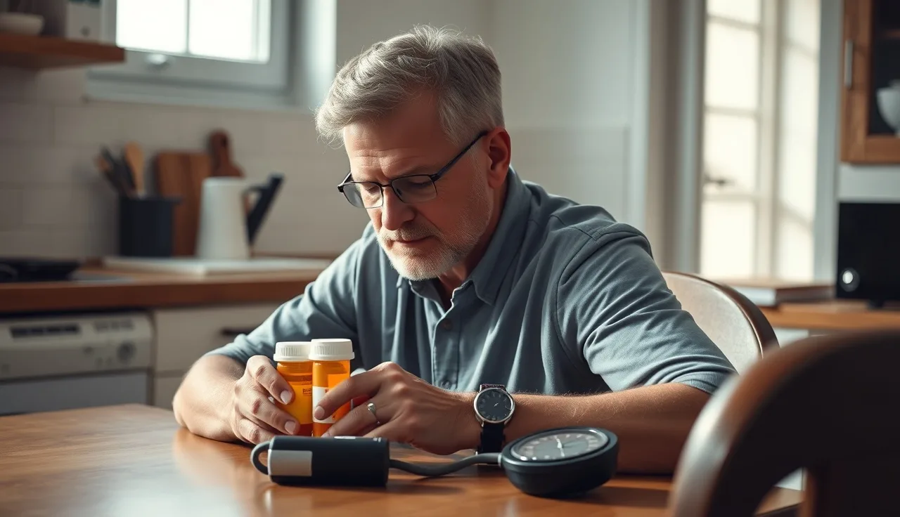 Man reviewing finasteride prescription beside a blood pressure monitoring cuff at home