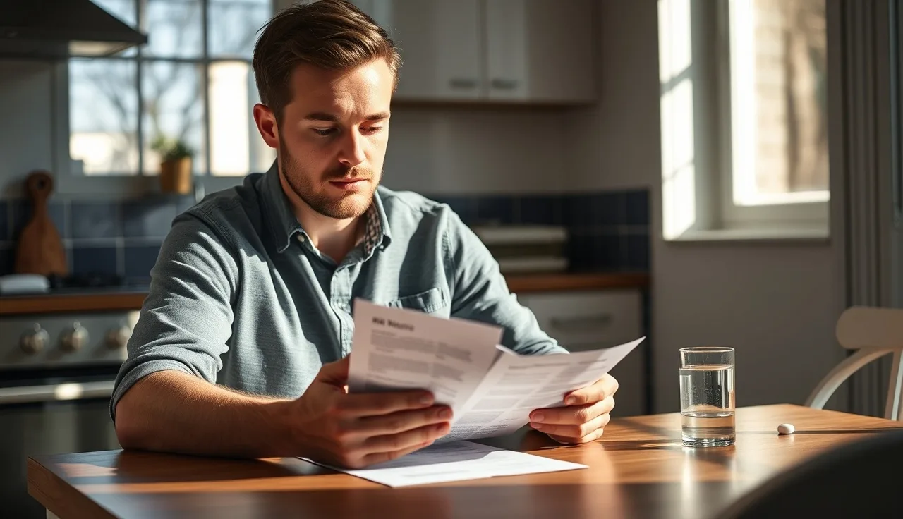 Man reading medical papers beside finasteride pill and glass of water