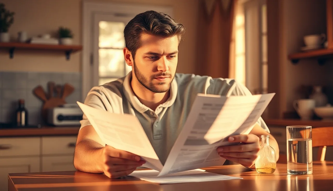 Man reviewing semen analysis lab results at a kitchen table, considering finasteride fertility concerns