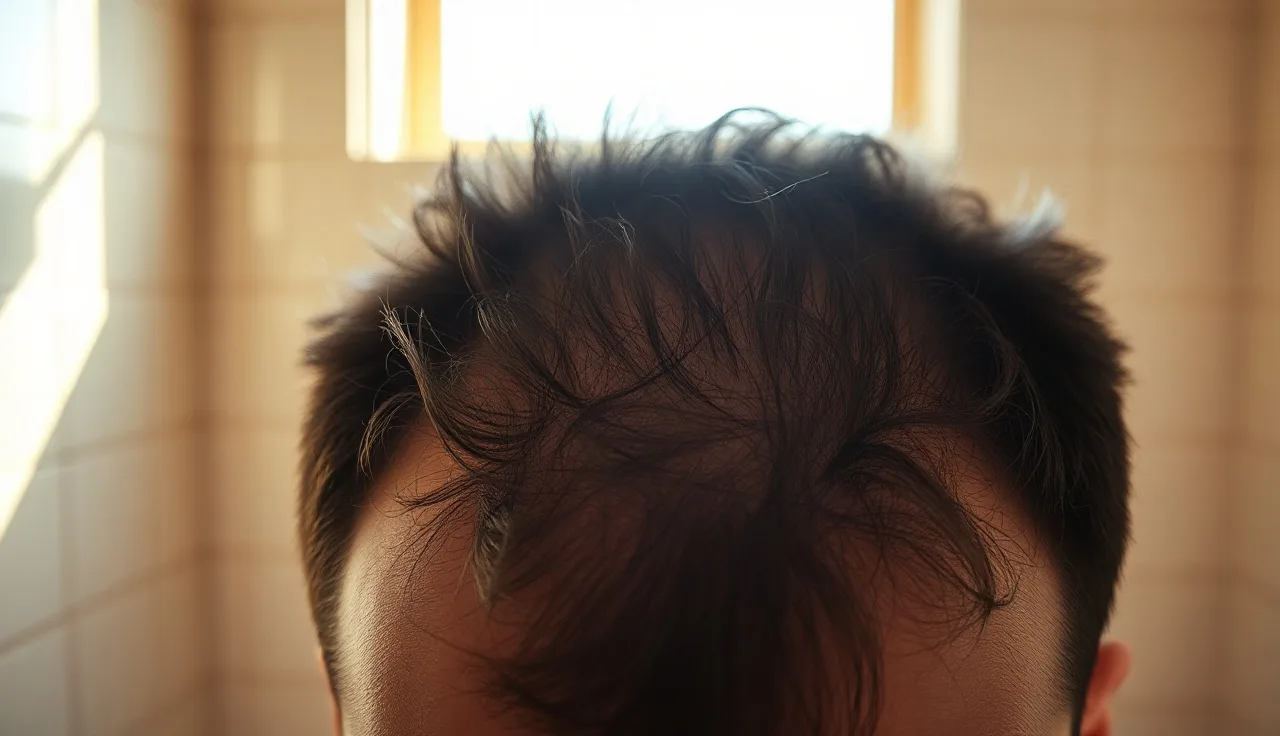 Man's scalp showing hair thinning at crown under natural light